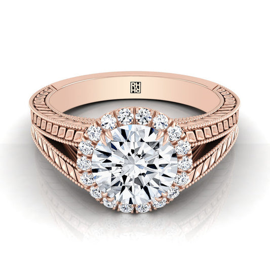 14K Rose Gold Round Brilliant Vintage Inspired Wheat Split Shank Diamond Halo Engagement Ring