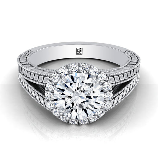 18K White Gold Round Brilliant Vintage Inspired Wheat Split Shank Diamond Halo Engagement Ring