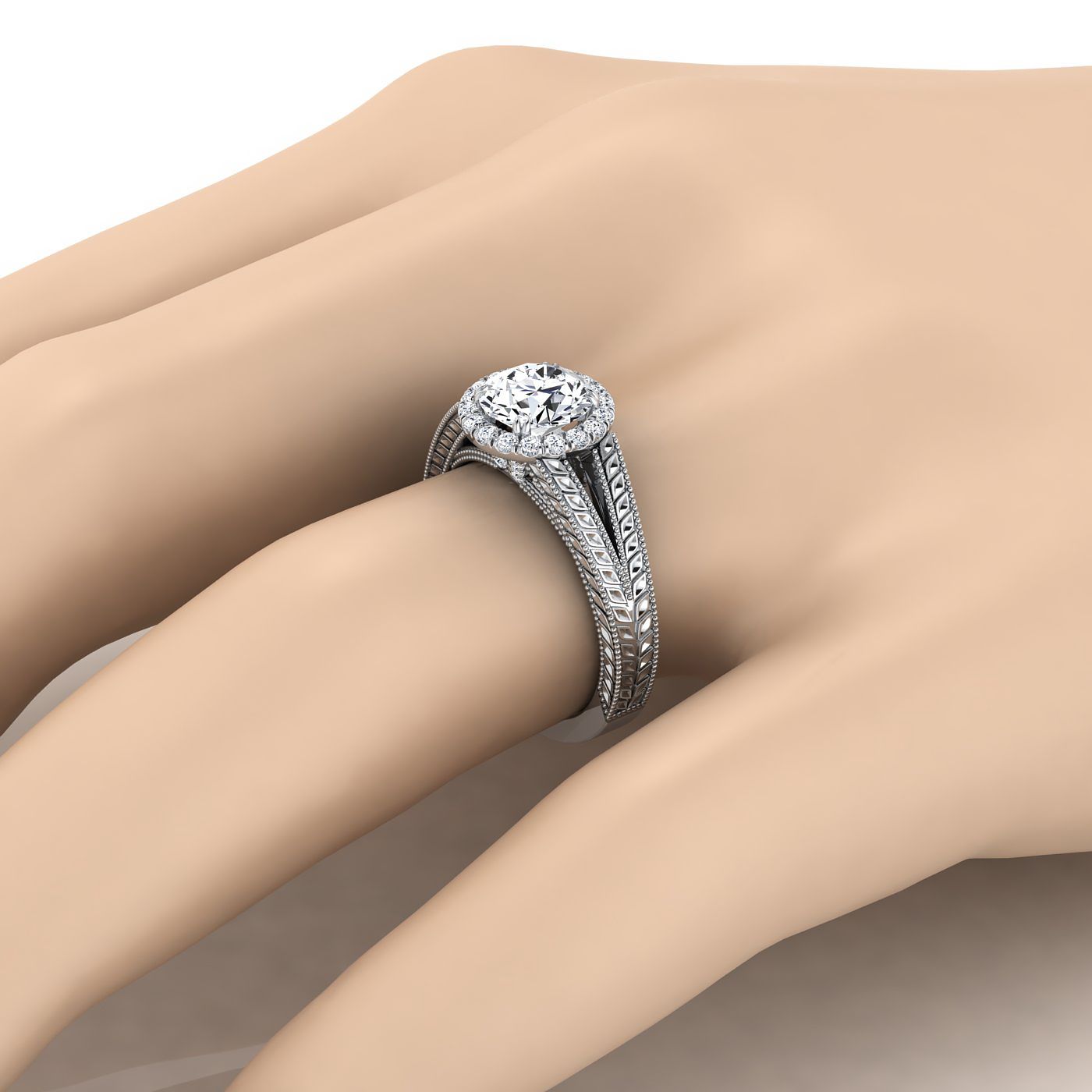 14K White Gold Round Brilliant Vintage Inspired Wheat Split Shank Diamond Halo Engagement Ring