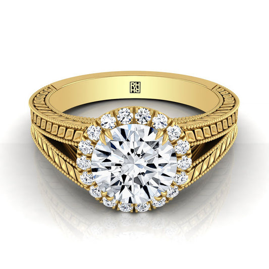 18K Yellow Gold Round Brilliant Vintage Inspired Wheat Split Shank Diamond Halo Engagement Ring