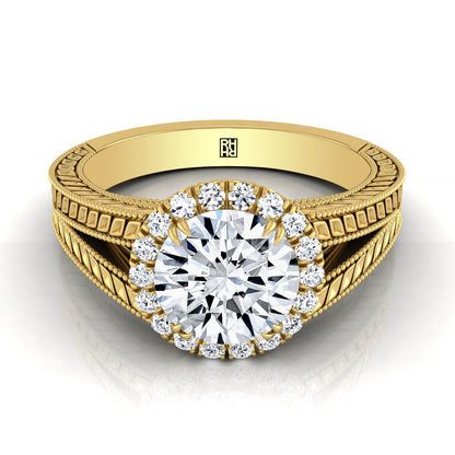 14K Yellow Gold Round Brilliant Vintage Inspired Wheat Split Shank Diamond Halo Engagement Ring