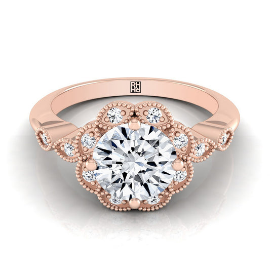 14K Rose Gold Round Brilliant Diamond Scalloped Halo Floral Engagement Ring