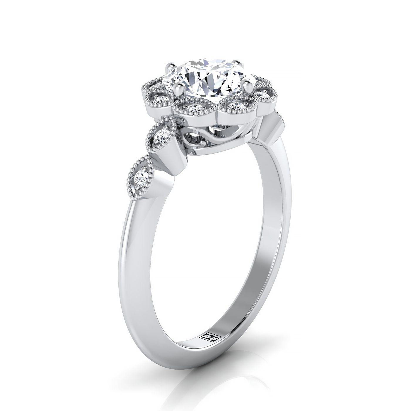 14K White Gold Round Brilliant Ruby Ornate Diamond Halo Vintage Inspired Engagement Ring -1/3ctw