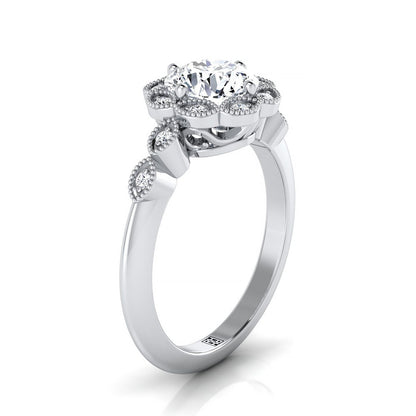 14K White Gold Round Brilliant Garnet Ornate Diamond Halo Vintage Inspired Engagement Ring -1/3ctw