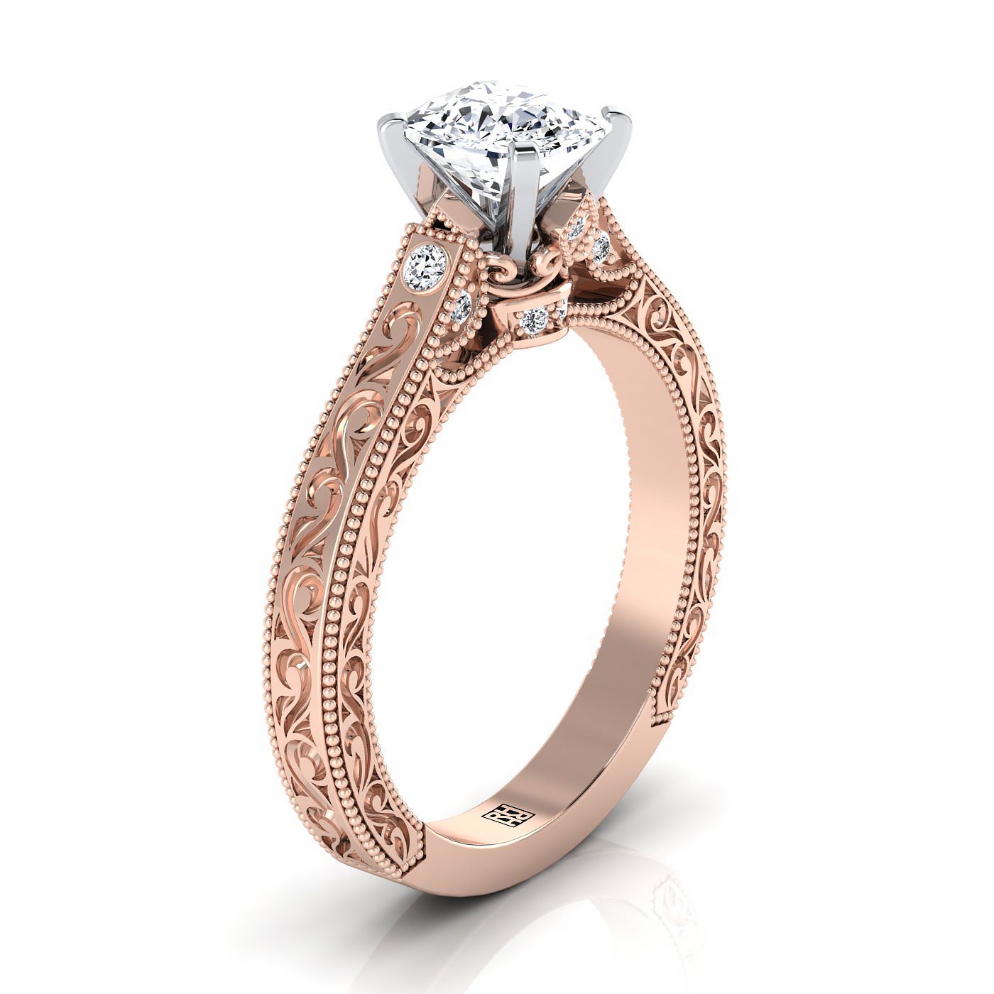 14K Rose Gold Cushion Delicate Diamond Accented Antique Hand Engraved Engagement Ring -1/10ctw
