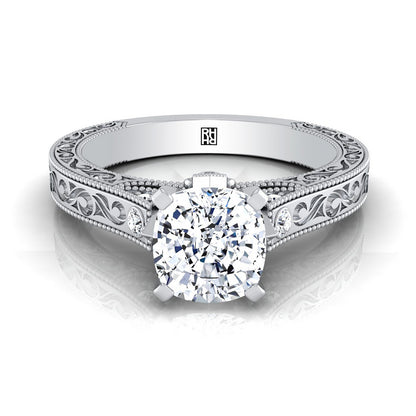 14K White Gold Cushion Delicate Diamond Accented Antique Hand Engraved Engagement Ring -1/10ctw