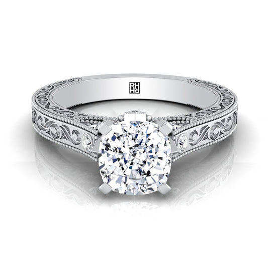 18K White Gold Cushion Delicate Diamond Accented Antique Hand Engraved Engagement Ring -1/10ctw