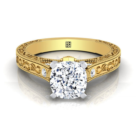 18K Yellow Gold Cushion Delicate Diamond Accented Antique Hand Engraved Engagement Ring -1/10ctw