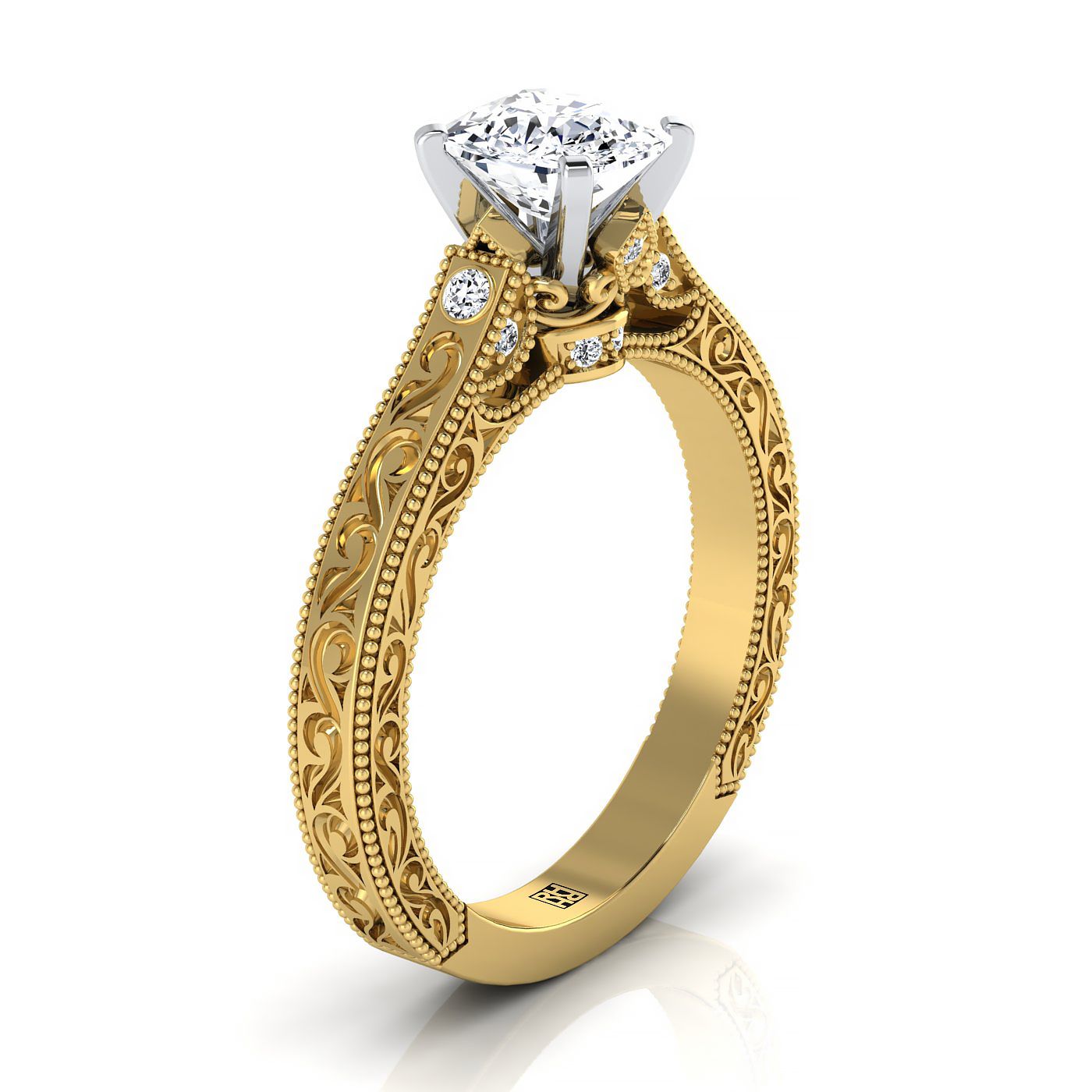 14K Yellow Gold Cushion Delicate Diamond Accented Antique Hand Engraved Engagement Ring -1/10ctw