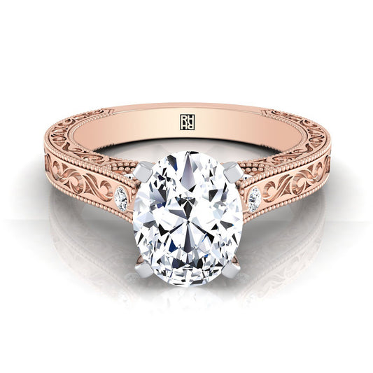 14K Rose Gold Oval Delicate Diamond Accented Antique Hand Engraved Engagement Ring -1/10ctw