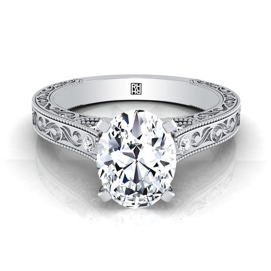 18K White Gold Oval Delicate Diamond Accented Antique Hand Engraved Engagement Ring -1/10ctw