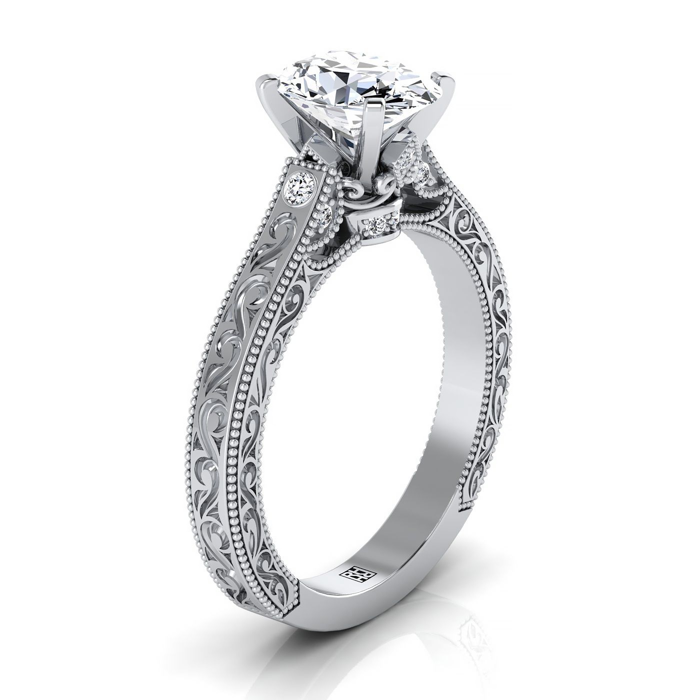 18K White Gold Oval Delicate Diamond Accented Antique Hand Engraved Engagement Ring -1/10ctw