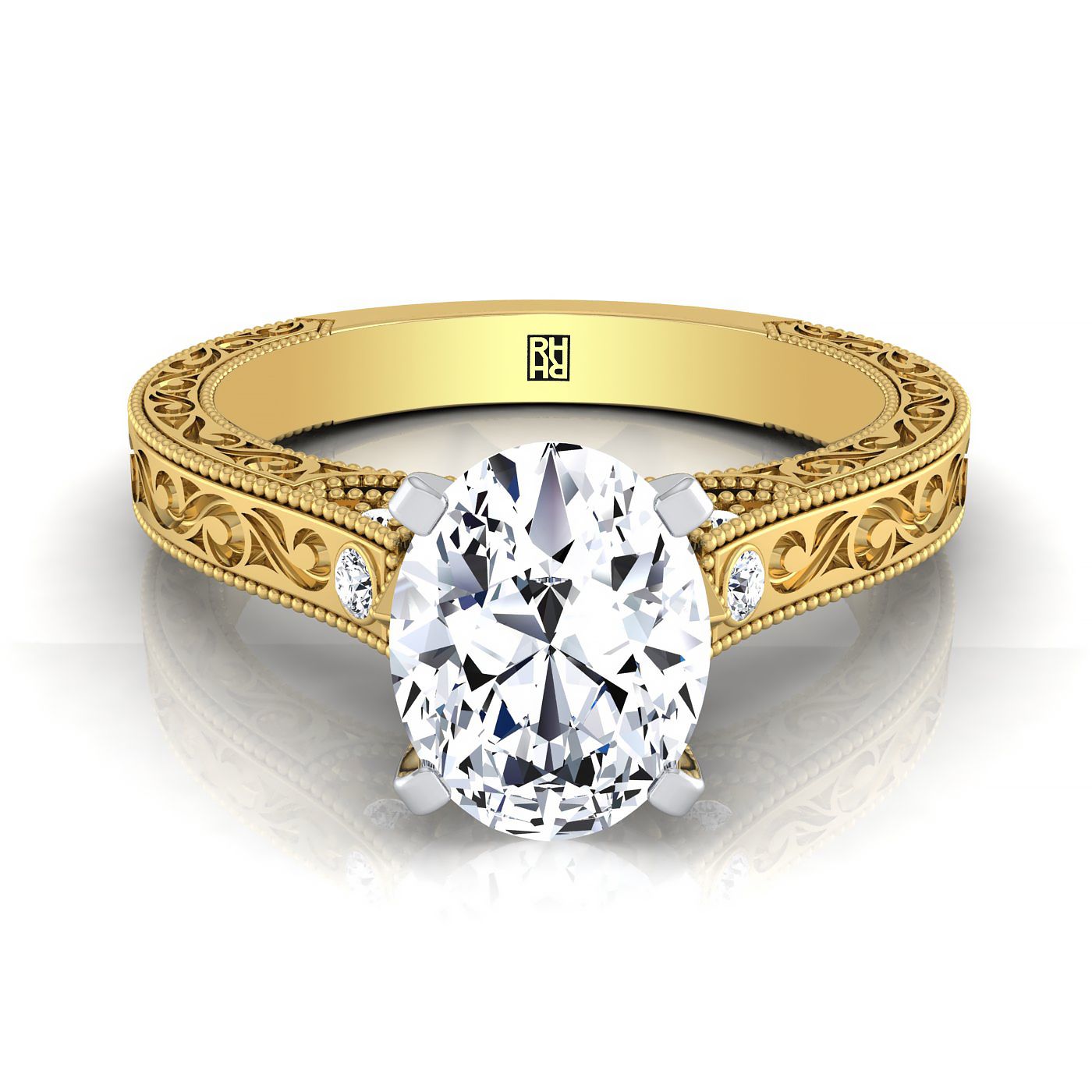 14K Yellow Gold Oval Delicate Diamond Accented Antique Hand Engraved Engagement Ring -1/10ctw
