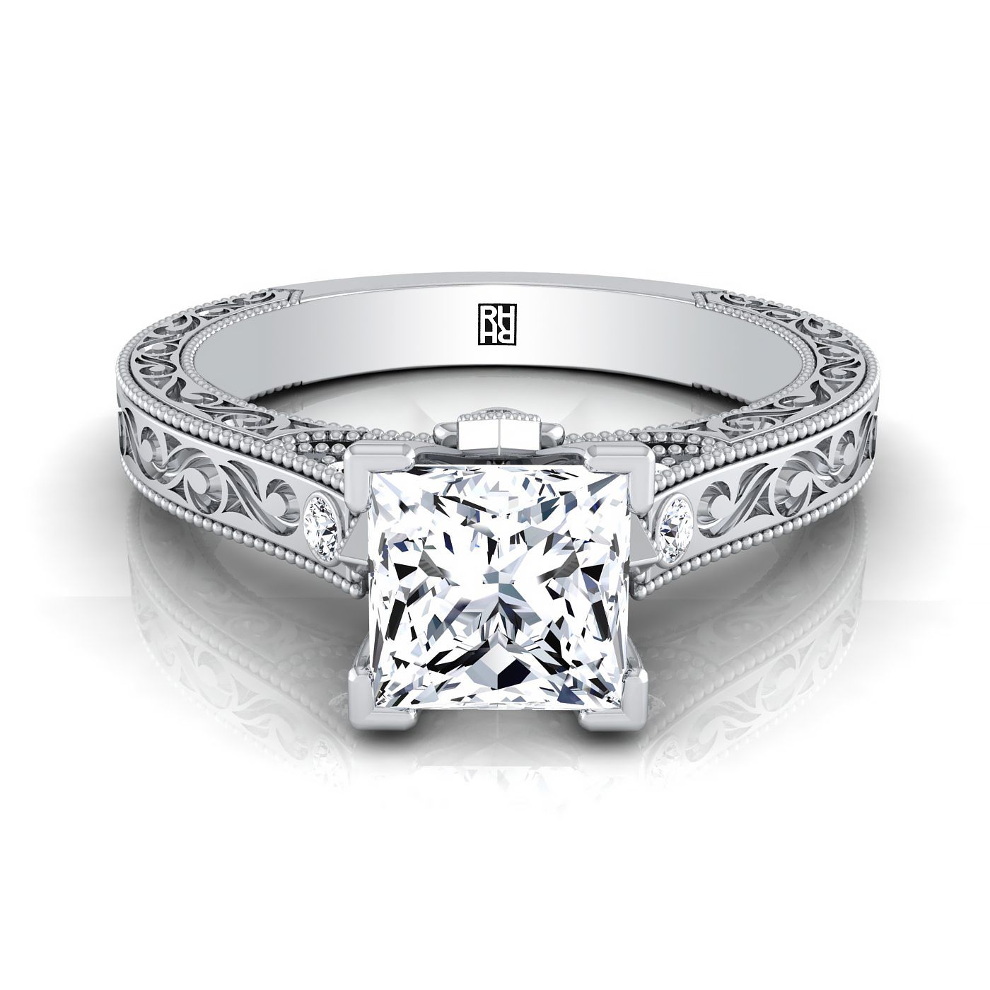 18K White Gold Princess Cut Delicate Diamond Accented Antique Hand Engraved Engagement Ring -1/10ctw