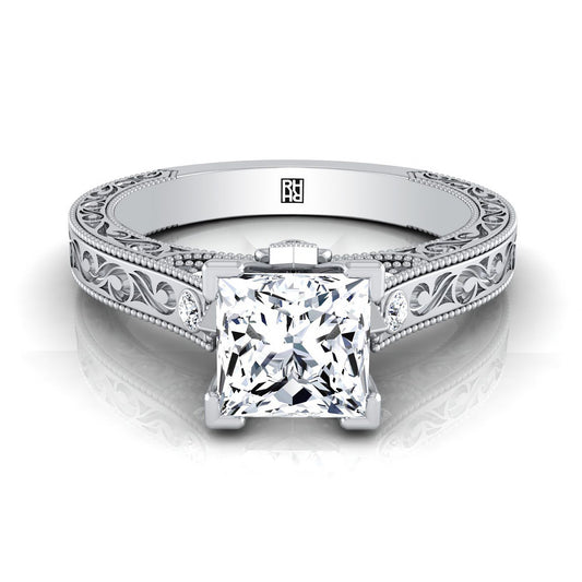 14K White Gold Princess Cut Delicate Diamond Accented Antique Hand Engraved Engagement Ring -1/10ctw