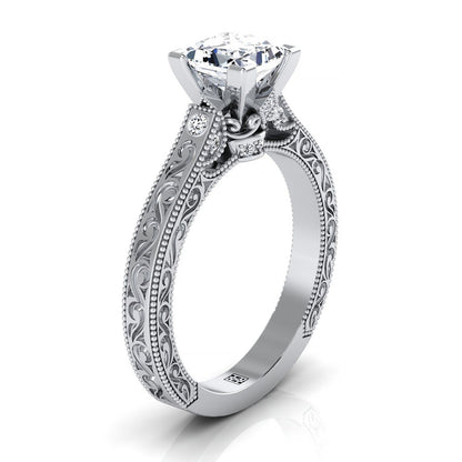 18K White Gold Princess Cut Delicate Diamond Accented Antique Hand Engraved Engagement Ring -1/10ctw