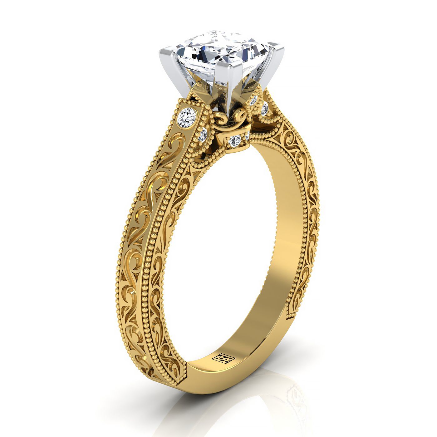 18K Yellow Gold Princess Cut Delicate Diamond Accented Antique Hand Engraved Engagement Ring -1/10ctw