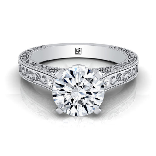 14K White Gold Round Brilliant Delicate Diamond Accented Antique Hand Engraved Engagement Ring -1/10ctw