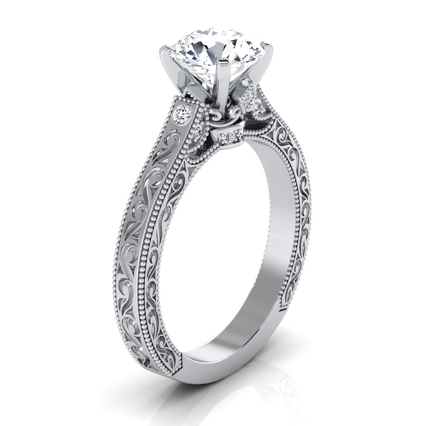 18K White Gold Round Brilliant Delicate Diamond Accented Antique Hand Engraved Engagement Ring -1/10ctw