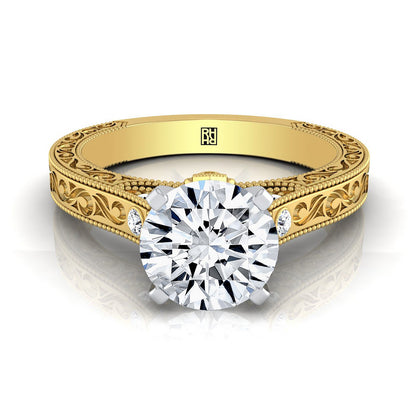 18K Yellow Gold Round Brilliant Delicate Diamond Accented Antique Hand Engraved Engagement Ring -1/10ctw