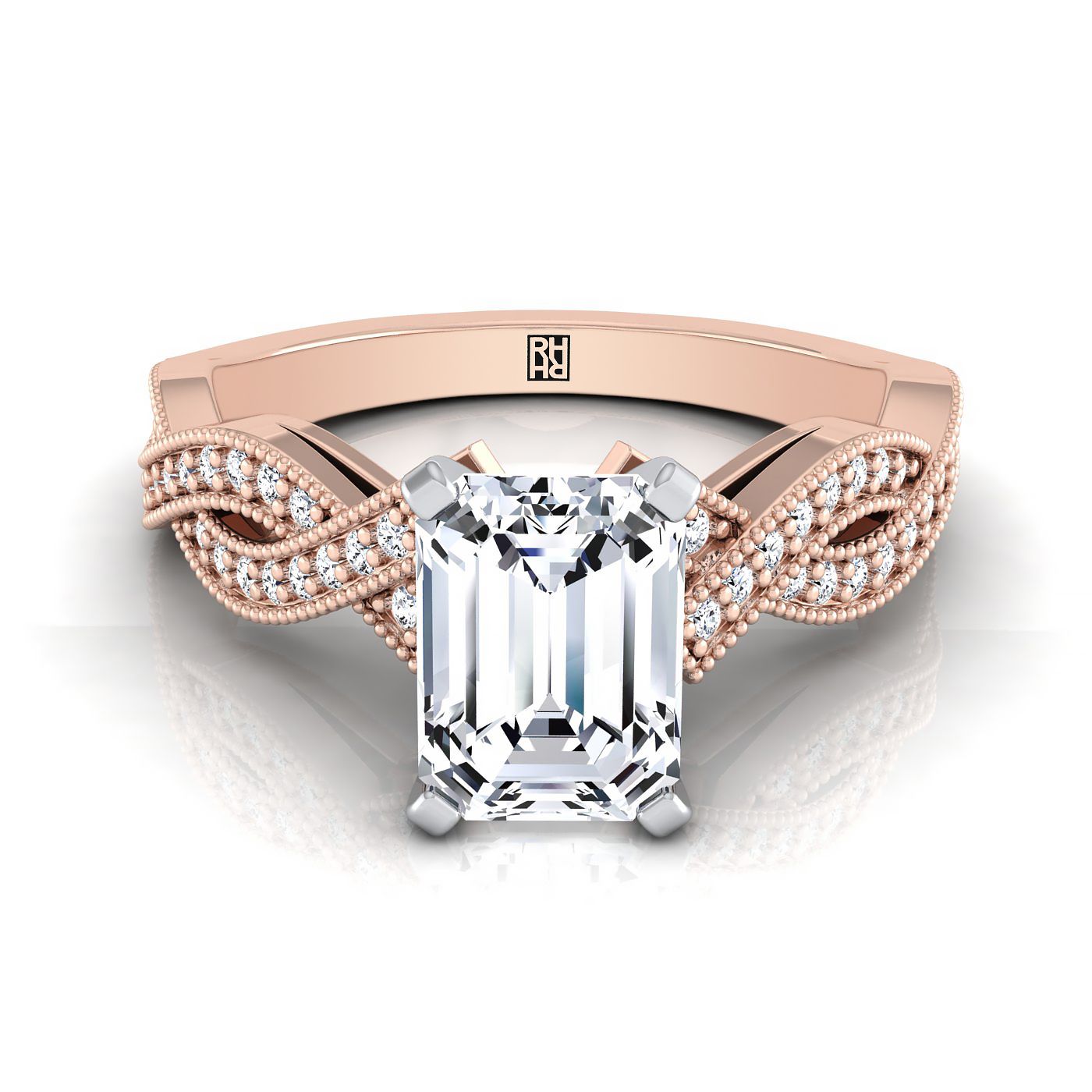 14K Rose Gold Emerald Cut Antique Twisted Open Beaded Diamond Halo Engagement Ring -1/5ctw