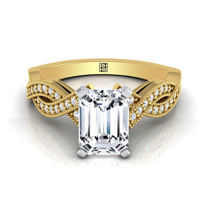 14K Yellow Gold Emerald Cut Antique Twisted Open Beaded Diamond Halo Engagement Ring -1/5ctw