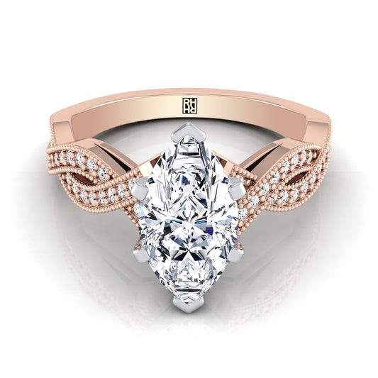 14K Rose Gold Marquise  Antique Twisted Open Beaded Diamond Halo Engagement Ring -1/5ctw