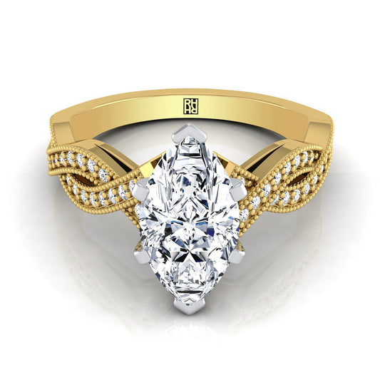 14K Yellow Gold Marquise  Antique Twisted Open Beaded Diamond Halo Engagement Ring -1/5ctw