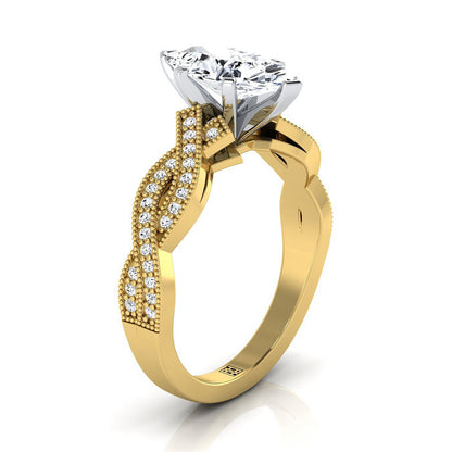 14K Yellow Gold Marquise  Antique Twisted Open Beaded Diamond Halo Engagement Ring -1/5ctw
