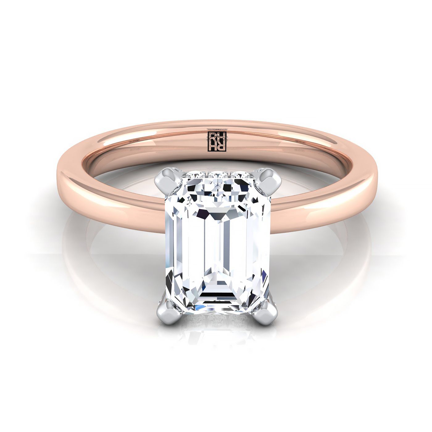 14K Rose Gold Emerald Cut Diamond Hidden Pave Basket Crown Solitaire Engagement Ring -1/10ctw