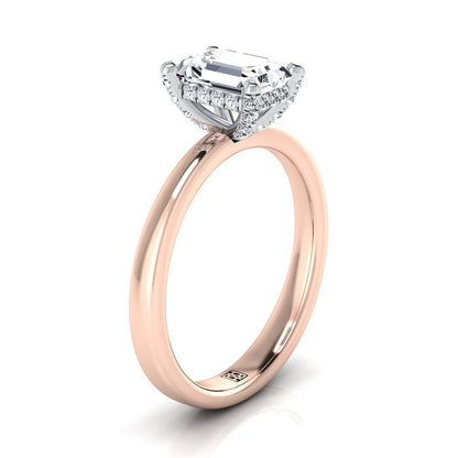 14K Rose Gold Emerald Cut Diamond Hidden Pave Basket Crown Solitaire Engagement Ring -1/10ctw