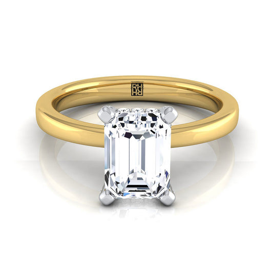 14K Yellow Gold Emerald Cut Diamond Hidden Pave Basket Crown Solitaire Engagement Ring -1/10ctw