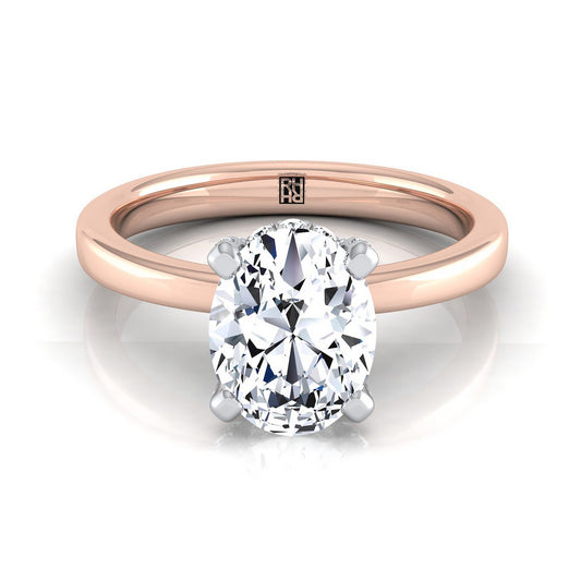 14K Rose Gold Oval Diamond Hidden Pave Basket Crown Solitaire Engagement Ring -1/10ctw