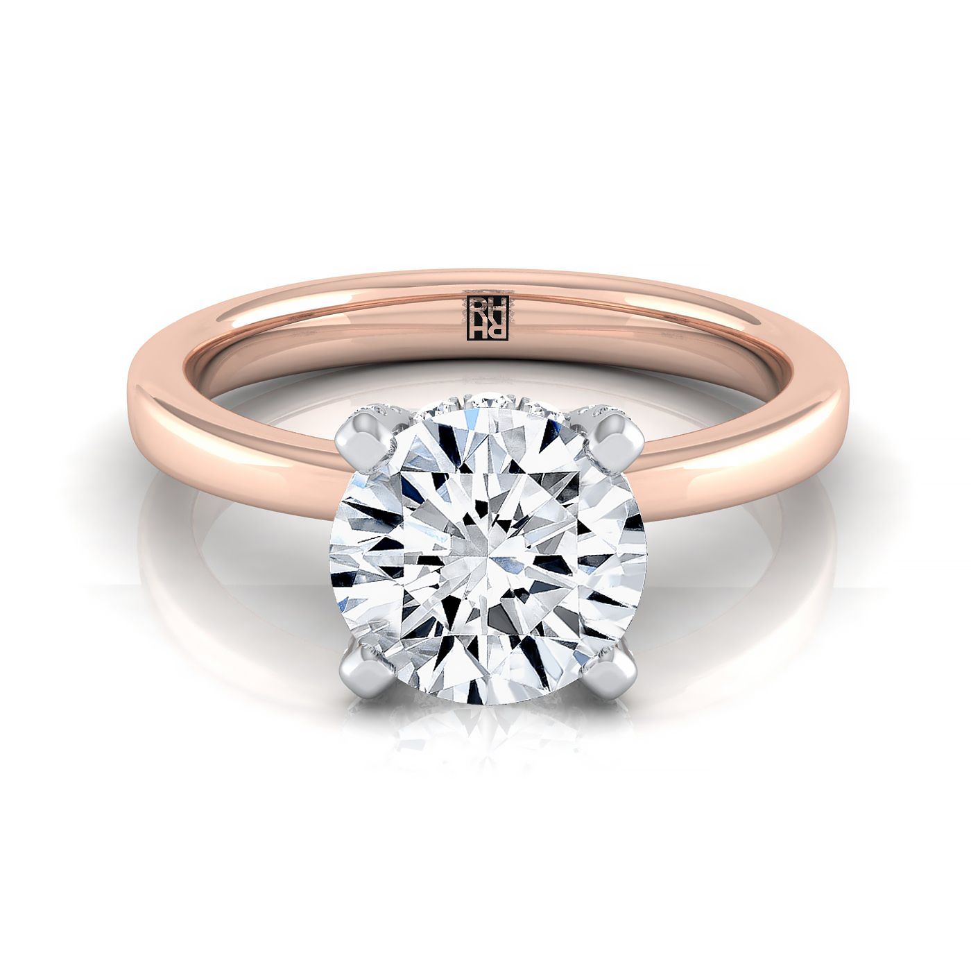 14K Rose Gold Round Brilliant Diamond Hidden Pave Basket Crown Solitaire Engagement Ring -1/10ctw