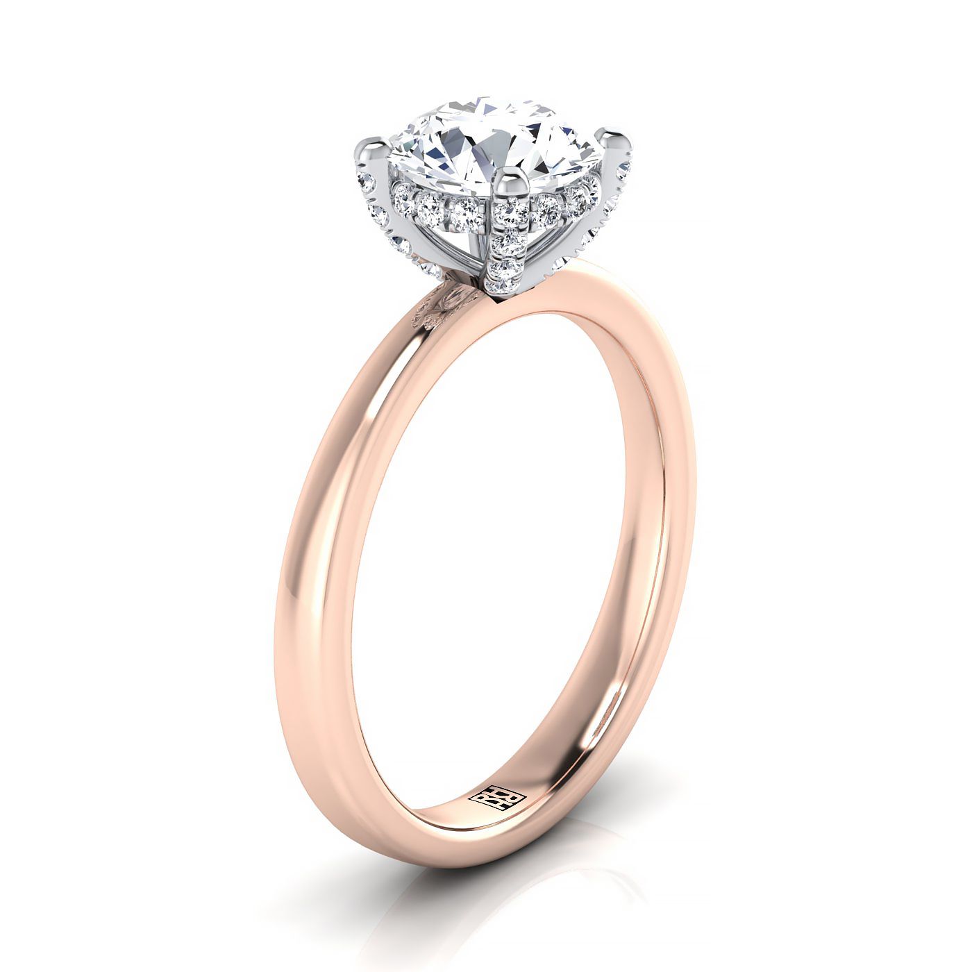 14K Rose Gold Round Brilliant Diamond Hidden Pave Basket Crown Solitaire Engagement Ring -1/10ctw