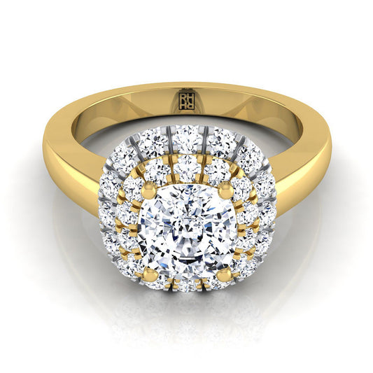 18K Yellow Gold Cushion Diamond Stair Step Double Halo Engagement Ring -1/2ctw