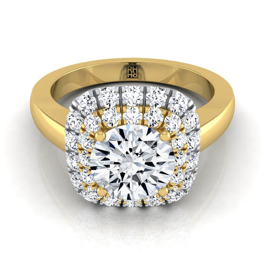 18K Yellow Gold Round Brilliant Diamond Stair Step Double Halo Engagement Ring -5/8ctw