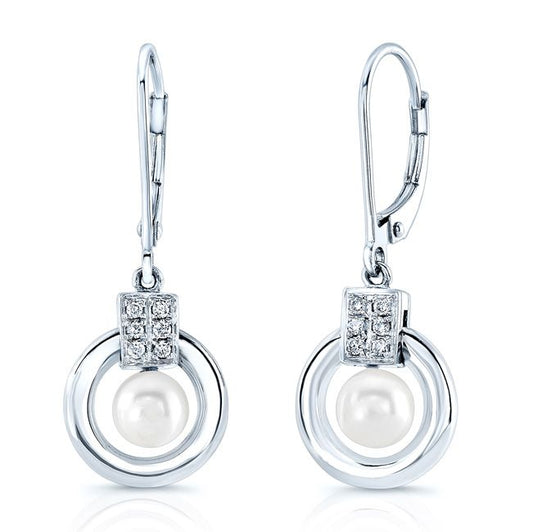 Pearl And Diamond Drop Earrings In 14k White Gold