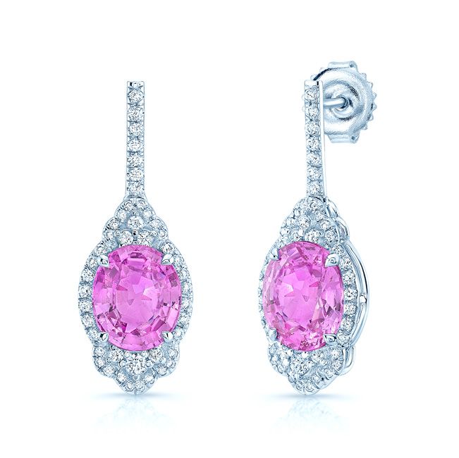 Pink Sapphire And Diamond Dangle Oval Earrings In 18k White Gold