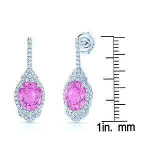 Pink Sapphire And Diamond Dangle Oval Earrings in 18K White Gold – scale reference | RockHer