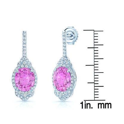 Pink Sapphire And Diamond Dangle Oval Earrings In 18k White Gold