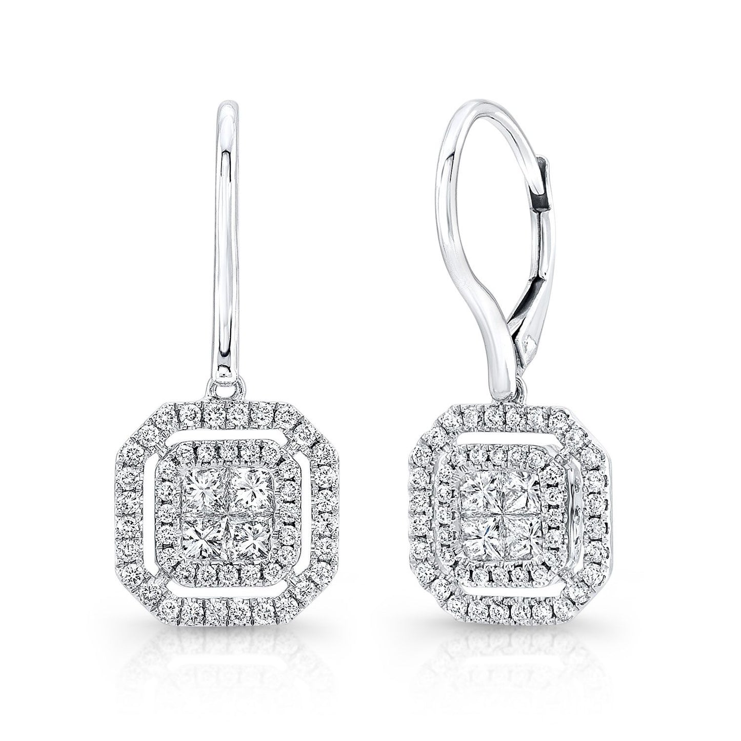 Diamond Invisible-set Princess Cut Halo Dangle Earrings With Pave Octagon Frame And Leverbacks
