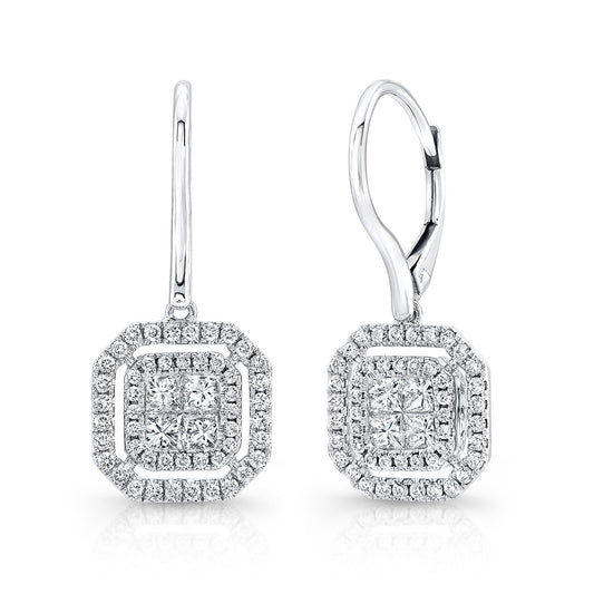 Diamond Invisible-set Princess Cut Halo Dangle Earrings With Pave Octagon Frame And Leverbacks