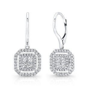 Diamond Invisible-set Princess Cut Halo Dangle Earrings With Pave Octagon Frame And Leverbacks, in 18K White Gold | RockHer