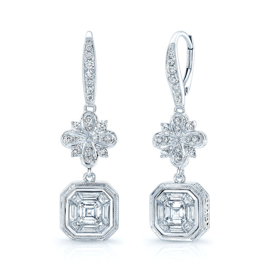 Asscher Cut Diamond Illusion Drop Earrings In 18k White Gold