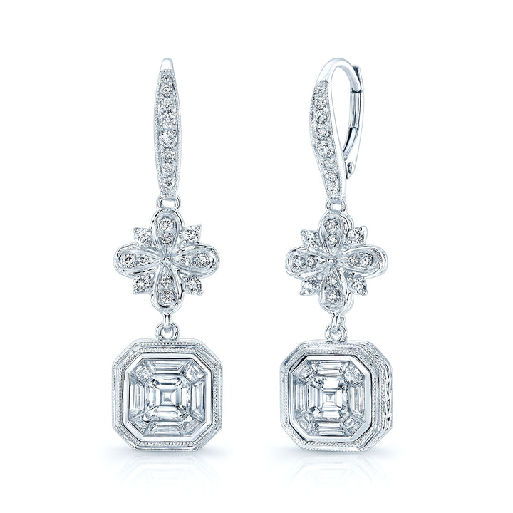 Asscher Cut Diamond Illusion Drop Earrings in 18K White Gold | RockHer