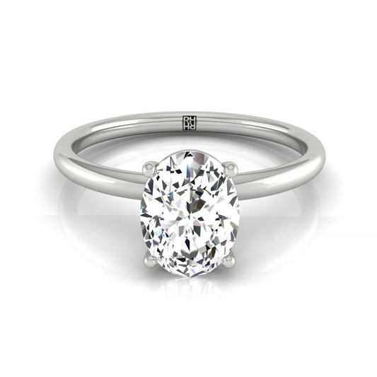 18kw Oval Solitaire Engagement Ring With Lower Hidden Halo Curved With 8 Prong Set Round Diamonds