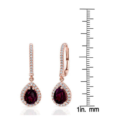 Rhodolite Garnet And Diamond Teardrop Halo Dangling Earrings In 14k Rose Gold