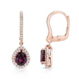Rhodolite Garnet And Diamond Teardrop Halo Dangling Earrings in 14K Rose Gold – side profile | RockHer