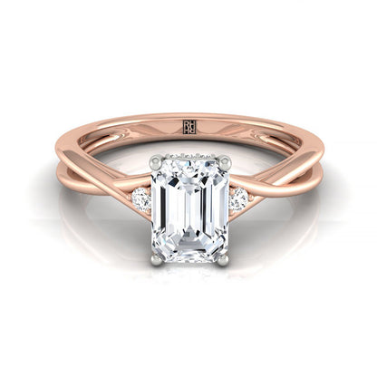 Emerald Cut, Twisted Shank Hidden Halo Solitaire Emerald, in 14K Rose Gold – front view | RockHer